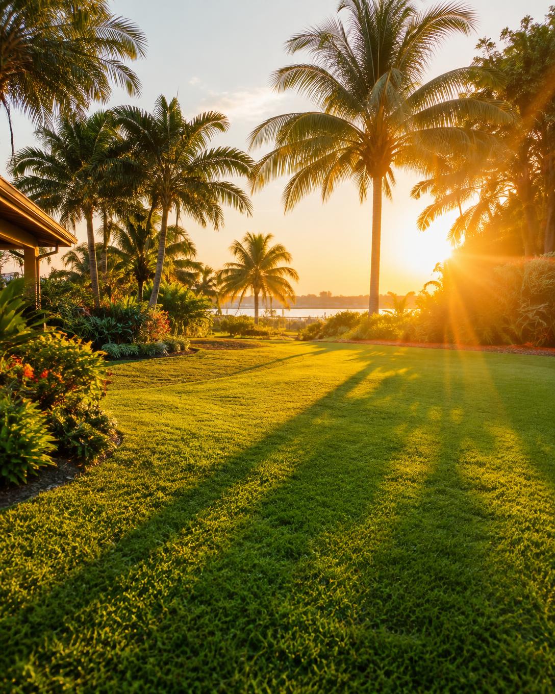Manicured Florida backyard lawn with palm trees at golden hour